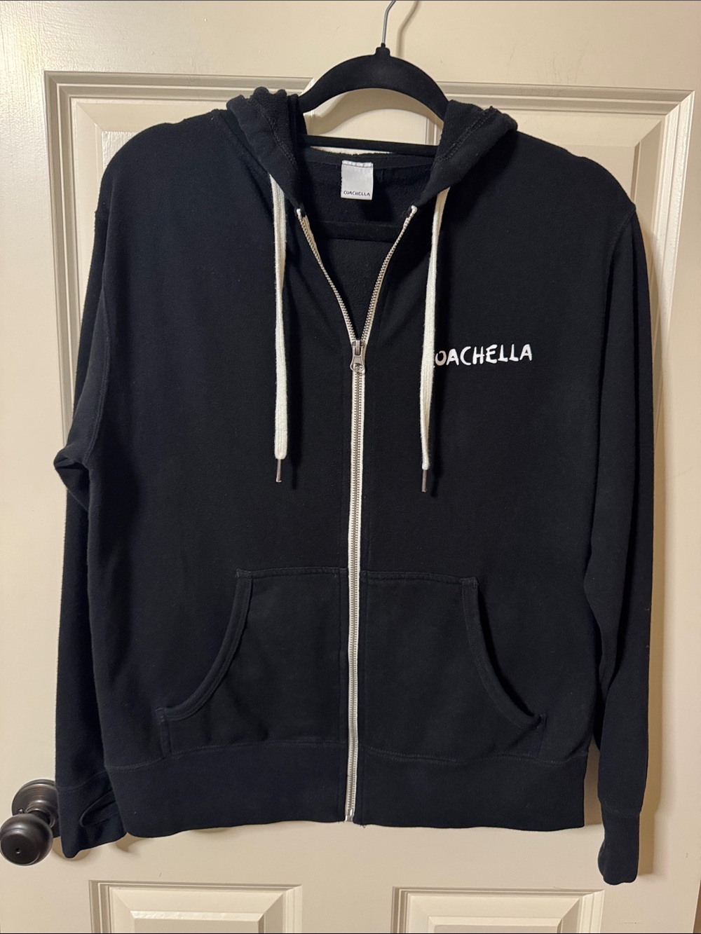 Coachella Black Zip Hoodie with Contrast Drawstrings